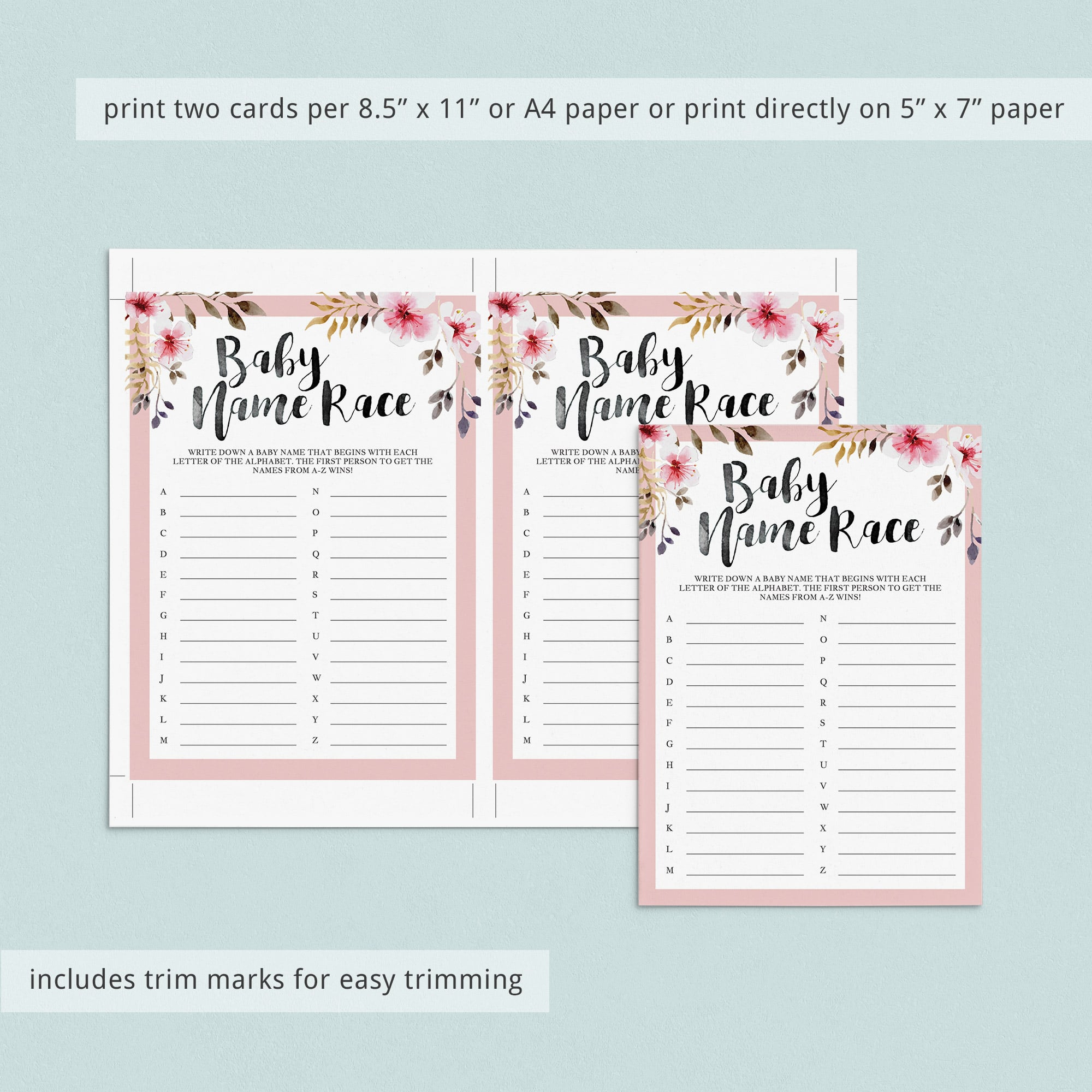 Printable watercolor flowers baby shower name race by LittleSizzle