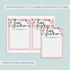 Printable watercolor flowers baby shower name race by LittleSizzle