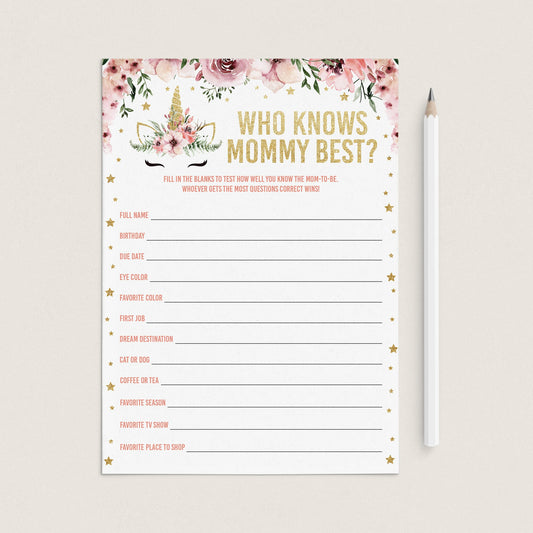 Printable who knows mommy best baby shower game pink and gold flowers by LittleSizzle