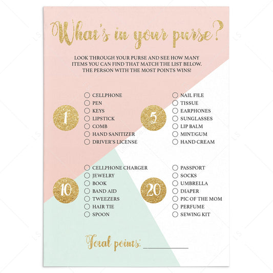 Pink and gold baby shower game whats in your purse