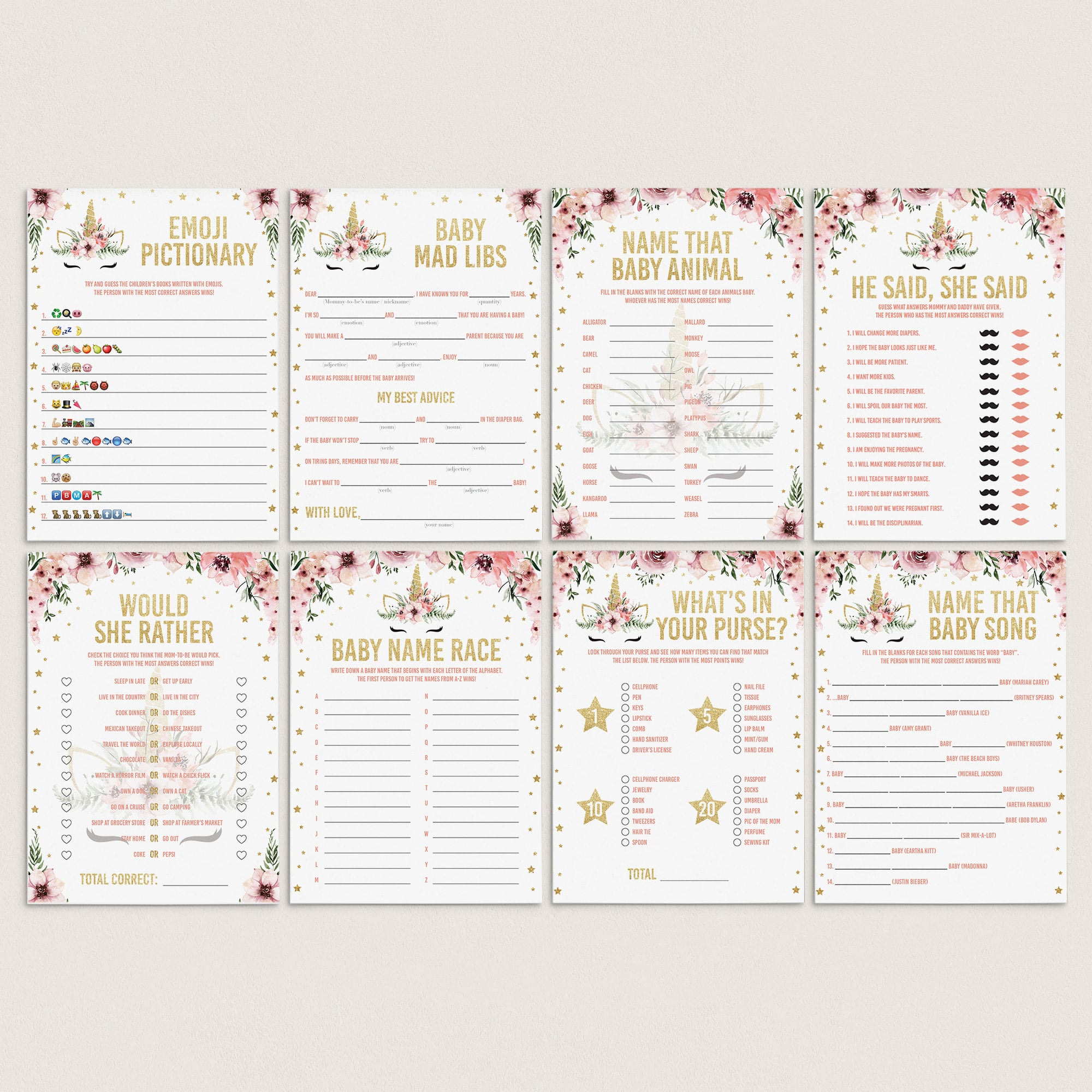 Floral unicorn babyshower games pack XL printable by LittleSizzle