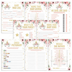 Floral unicorn babyshower games pack XL printable by LittleSizzle