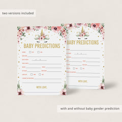 Unicorn pink and gold baby shower predictions game by LittleSizzle