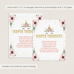 Baby Shower Diaper Thoughts Sign Template Floral Unicorn