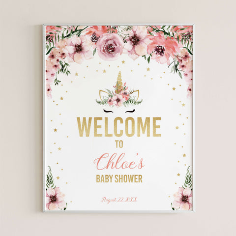 Unicorn baby shower Welcome Sign template pink and gold | Instant ...