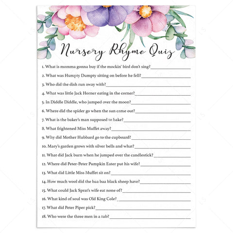 Pink and purple girl baby shower Nursery Rhyme Quiz printable | Floral ...