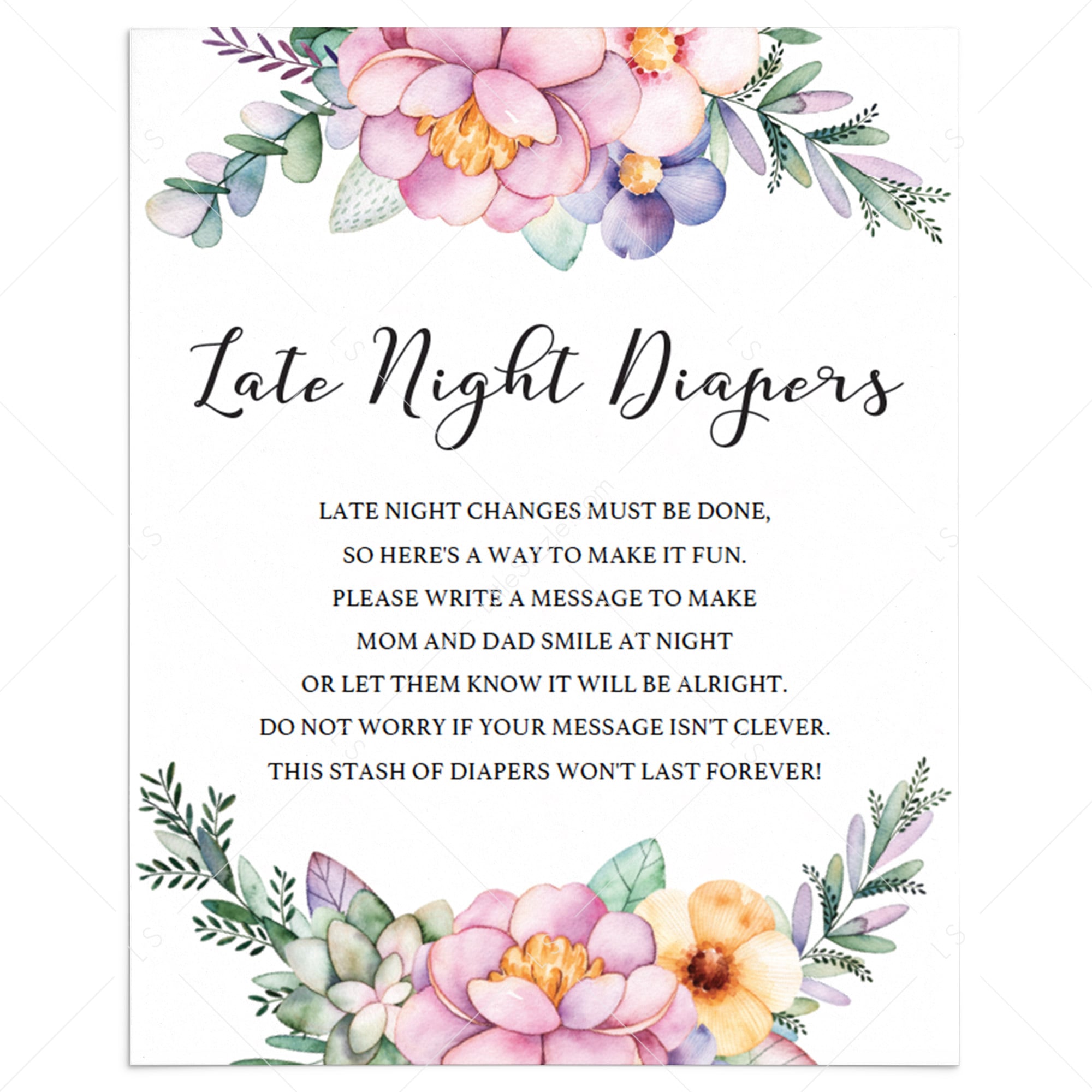 Printable late night diapers sign for girl baby shower by LittleSizzle