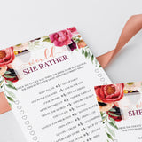 printable would she rather wedding shower game floral