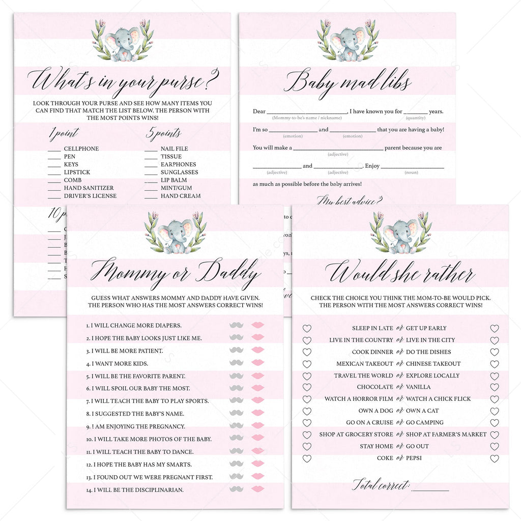 Little Elephant girl baby shower games set printable | Instant download ...