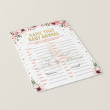 Pink and Gold Baby Shower Name That Baby Animal Game Cards