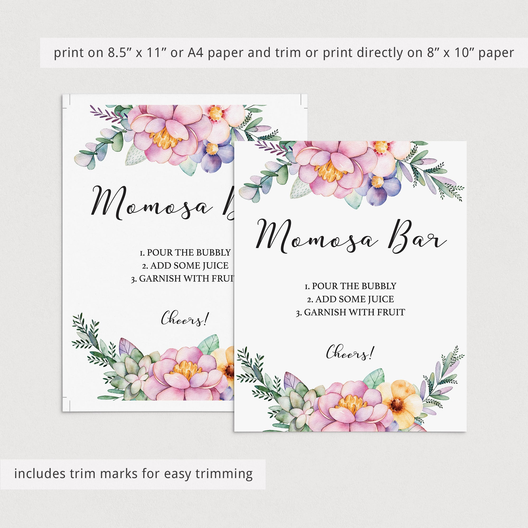 Pink and purple flowers on printable momosa bar sign by LittleSizzle