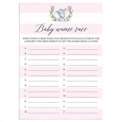 Pink elephant baby shower game baby names printable by LittleSizzle