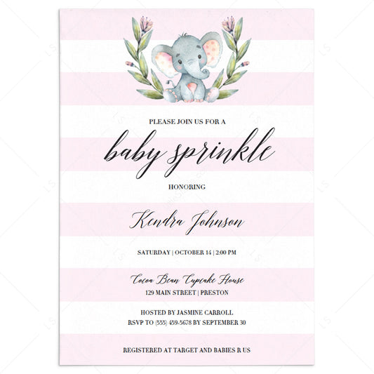 Baby sprinkle invitation for girl elephant themed by LittleSizzle