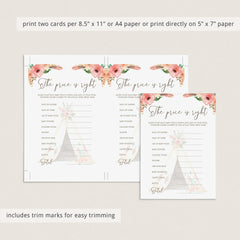 Floral Teepee BabyShower The Price is Right Printable