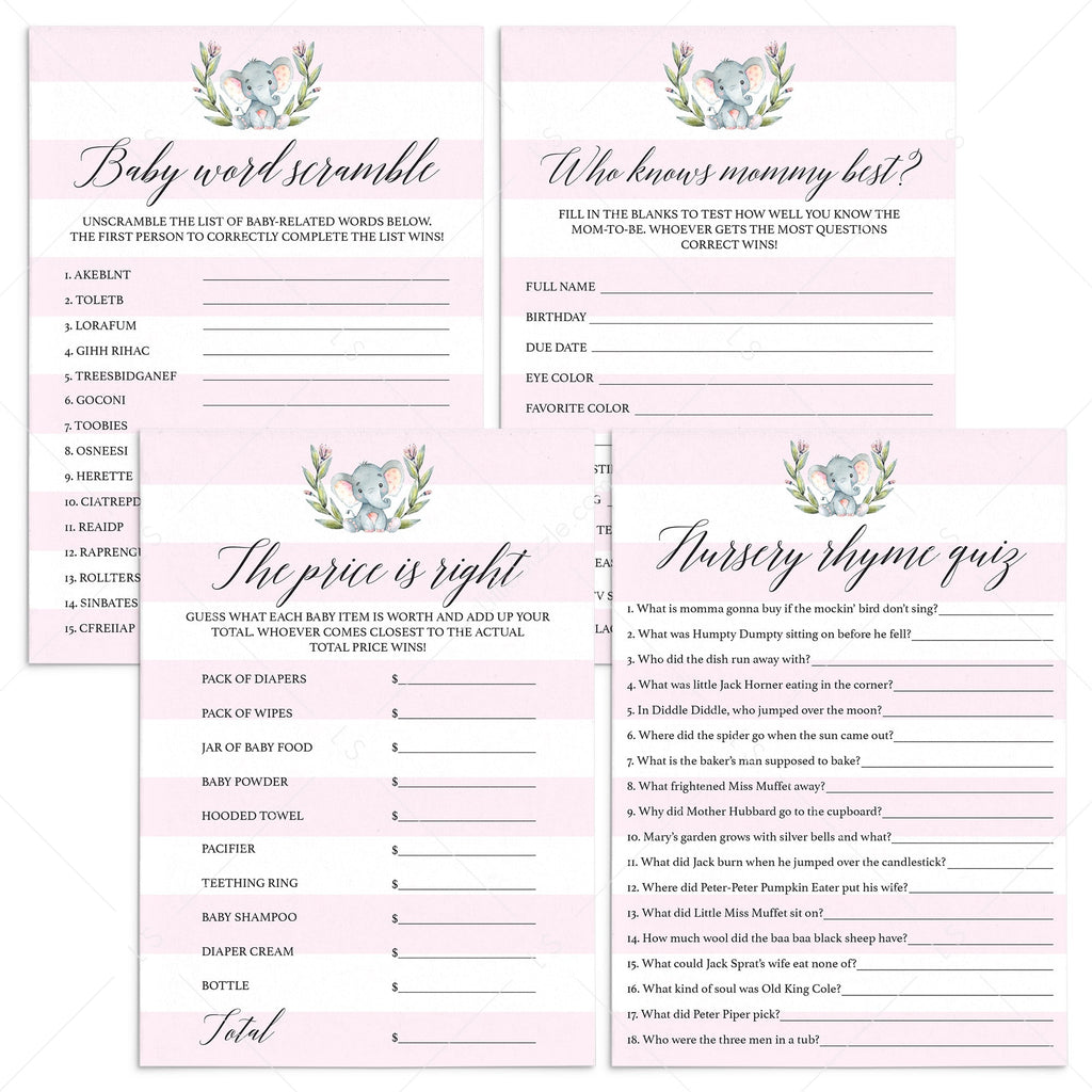 Girl Baby Shower Games | Printable games for elephant themed baby ...