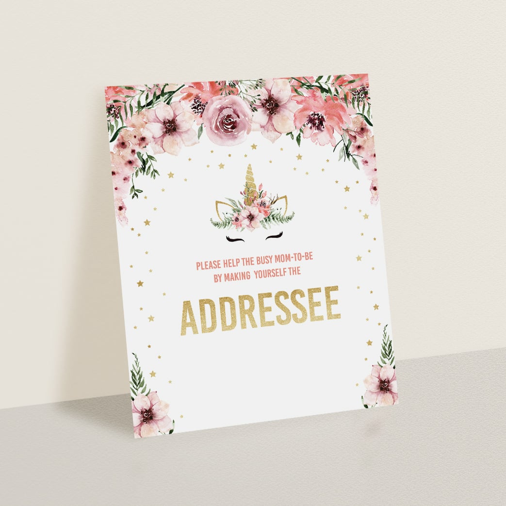 Gold unicorn baby party table sign address an envelope by LittleSizzle