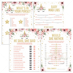 Girl baby shower games package printable files unicorn themed by LittleSizzle