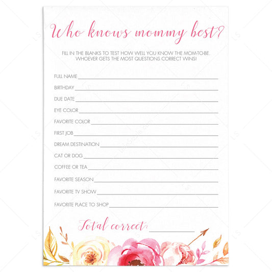 Who knows mommy best baby showers game pink floral by LittleSizzle