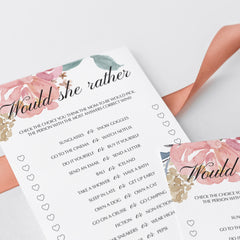 Watercolor Floral Baby Shower Would She Rather Game Printable