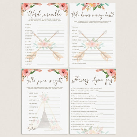 Tribal baby shower Games Package with watercolor flowers | Instant ...