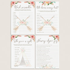Tribal Baby Shower Games Package with Watercolor Flowers by LittleSizzle