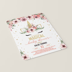 Pink and Gold Unicorn Baby Shower Invite Template with Flowers