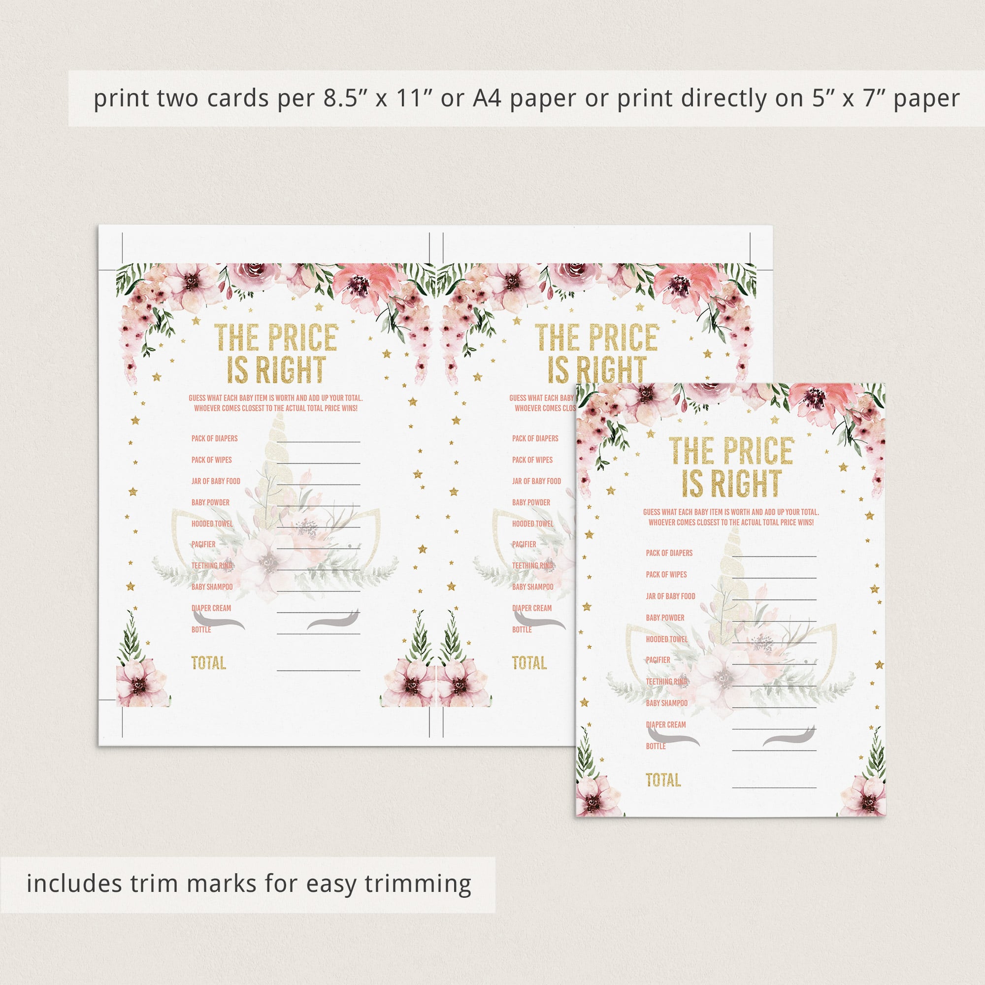 Price is right game cards for unicorn themed babyshower by LittleSizzle