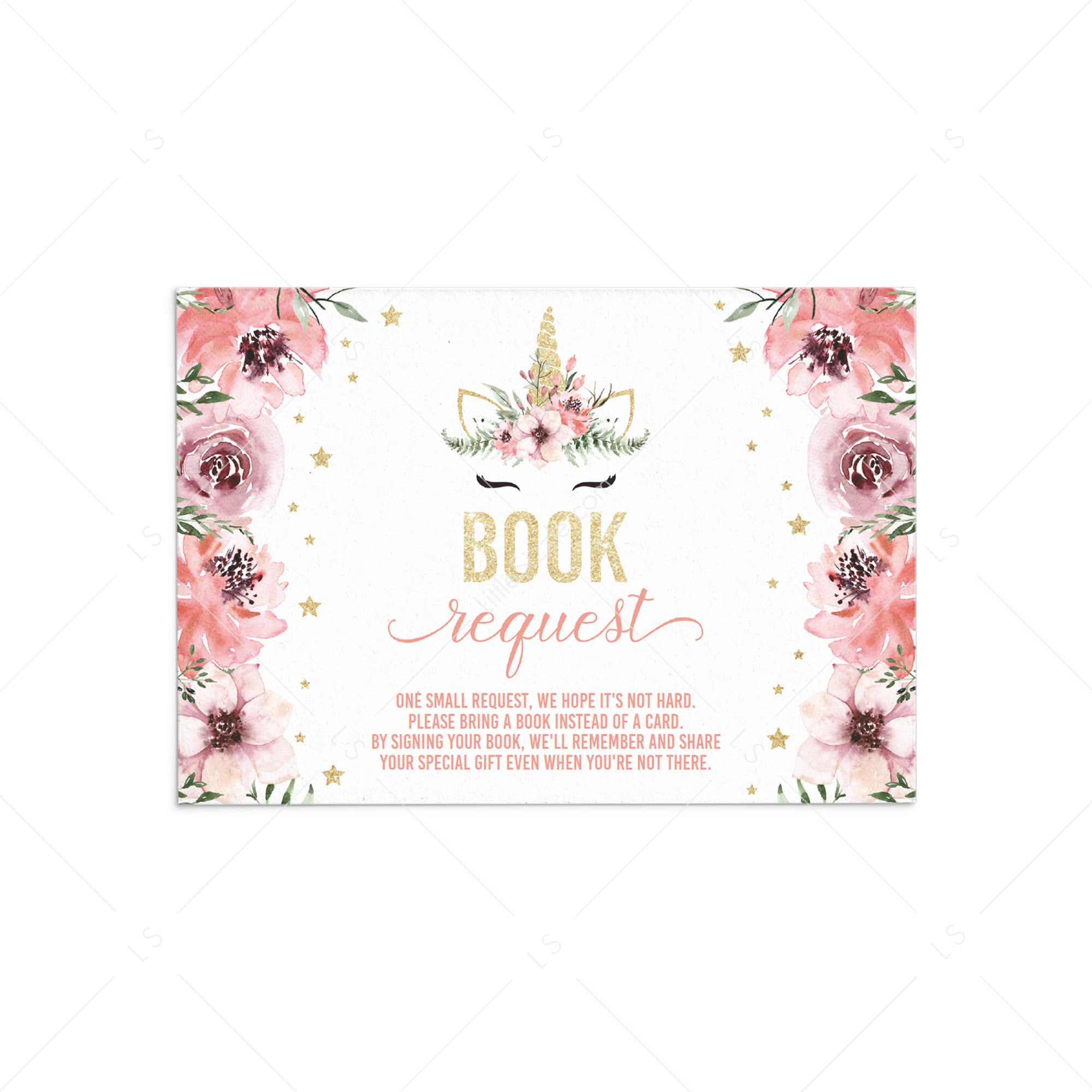 Pink floral baby shower unicorn book request cards by LittleSizzle