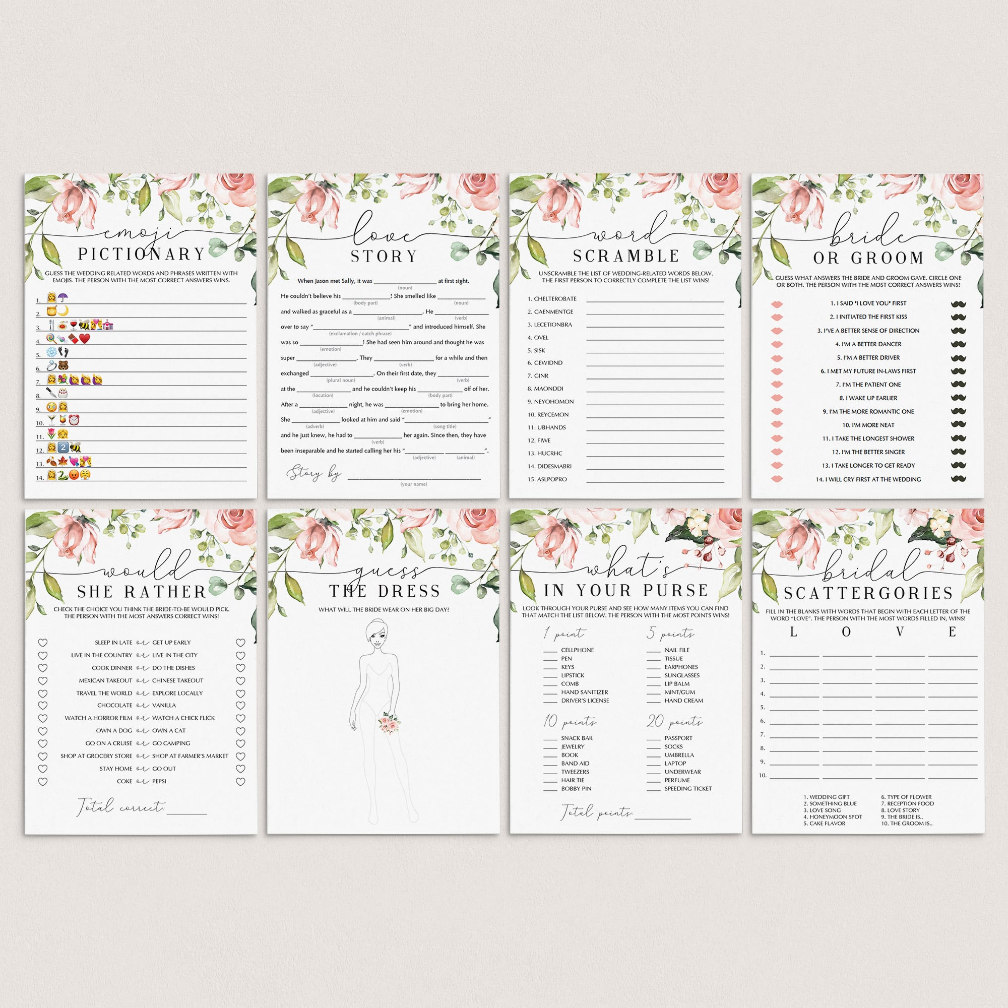 pink flowers bridalshower games package printables by LittleSizzle