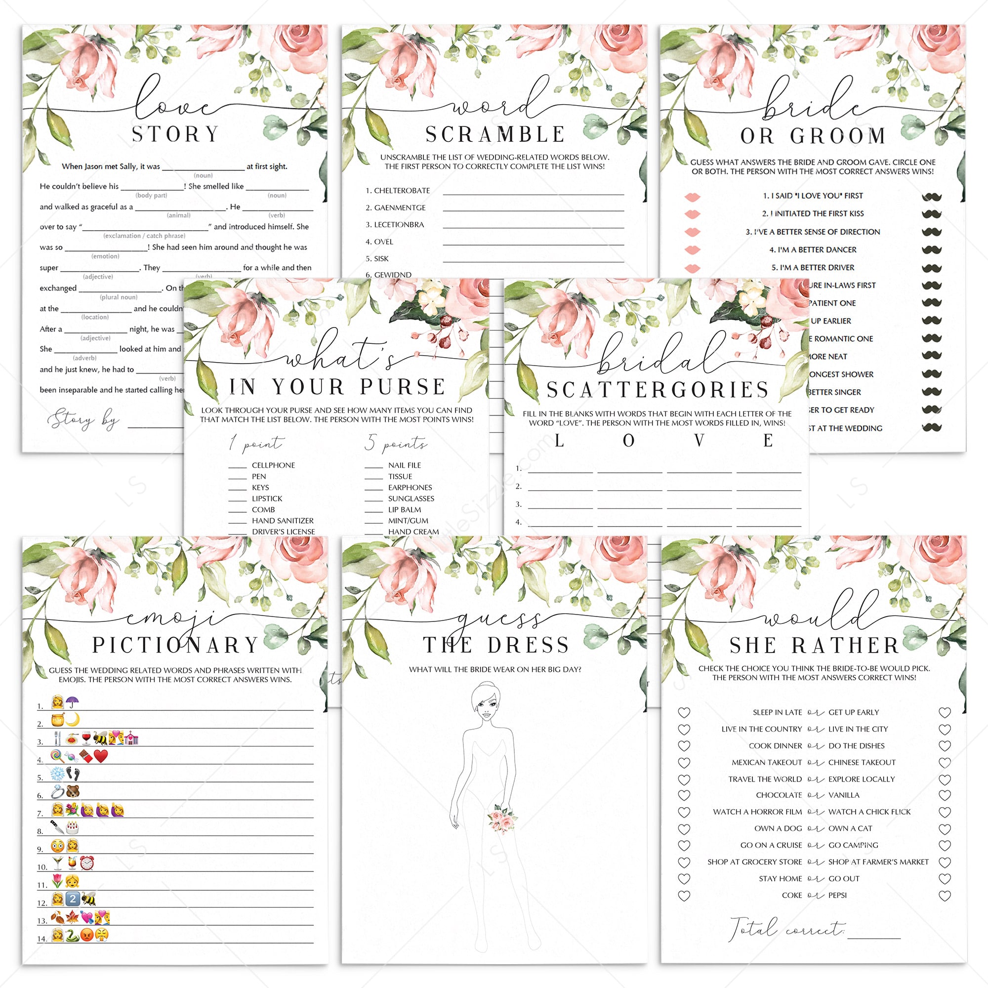 pink flowers bridalshower games package printables by LittleSizzle