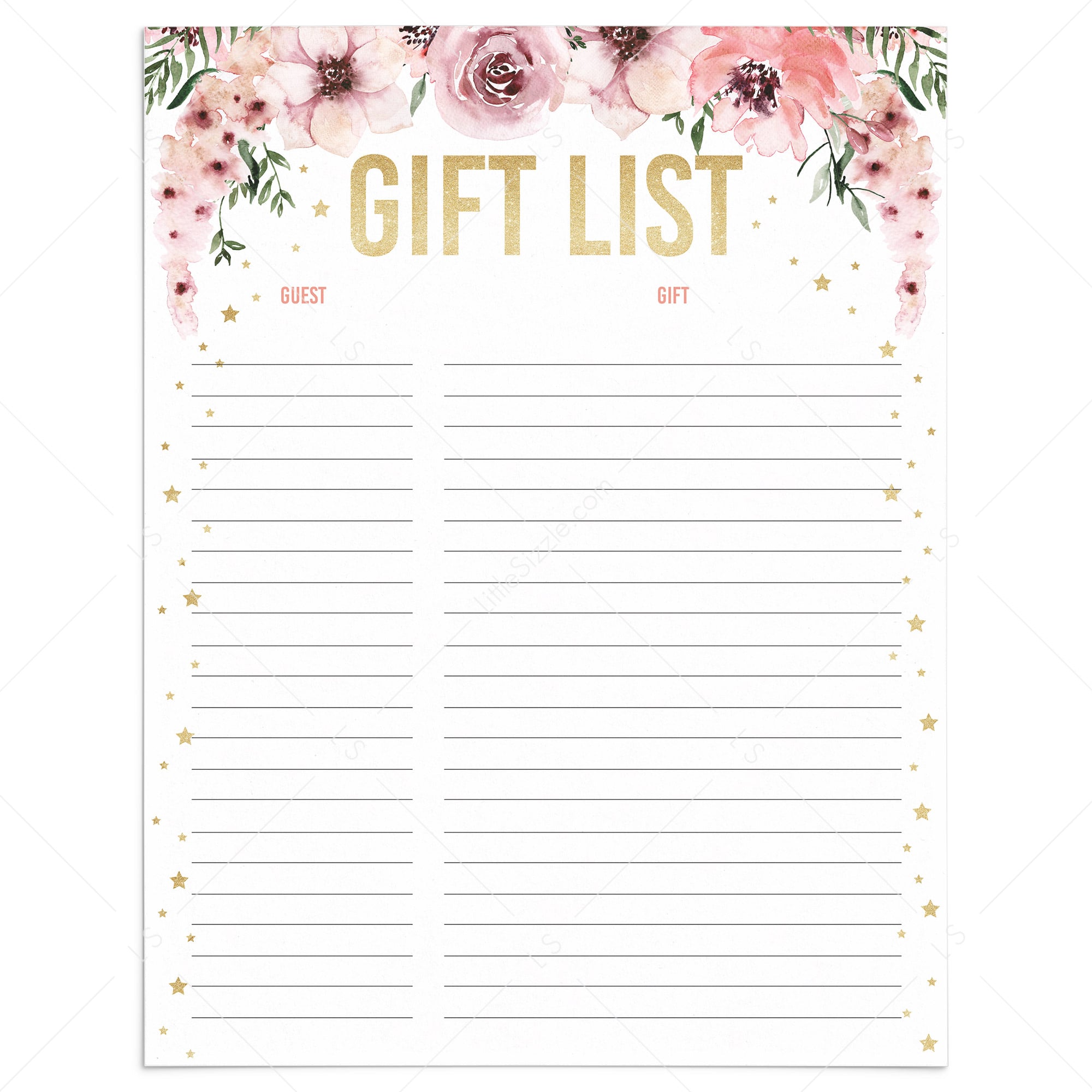 Gift and guest tracker printable with pink flowers by LittleSizzle