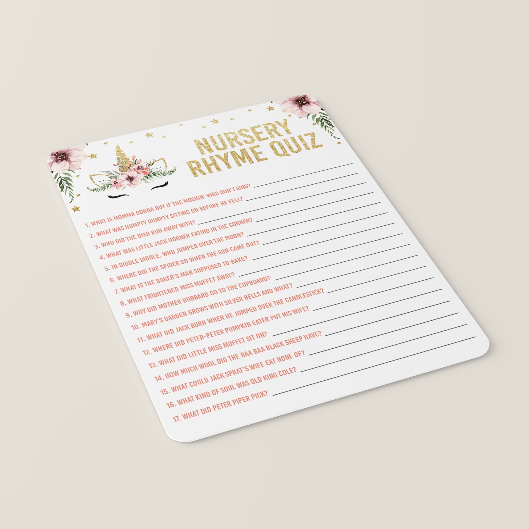 Girl baby shower nursery rhyme quiz pink and gold files by LittleSizzle