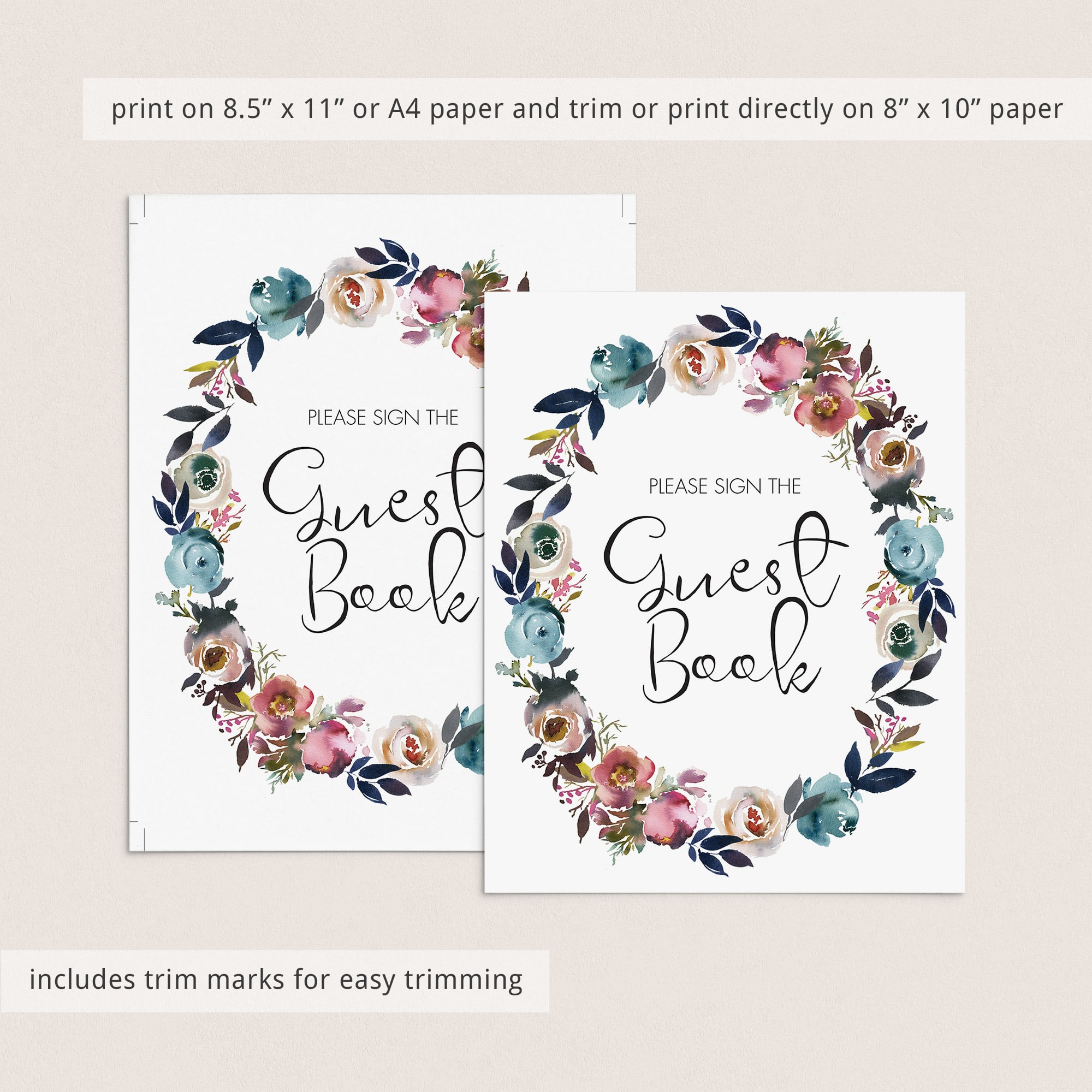 Guest book table sign printable with watercolor floral wreath by LittleSizzle