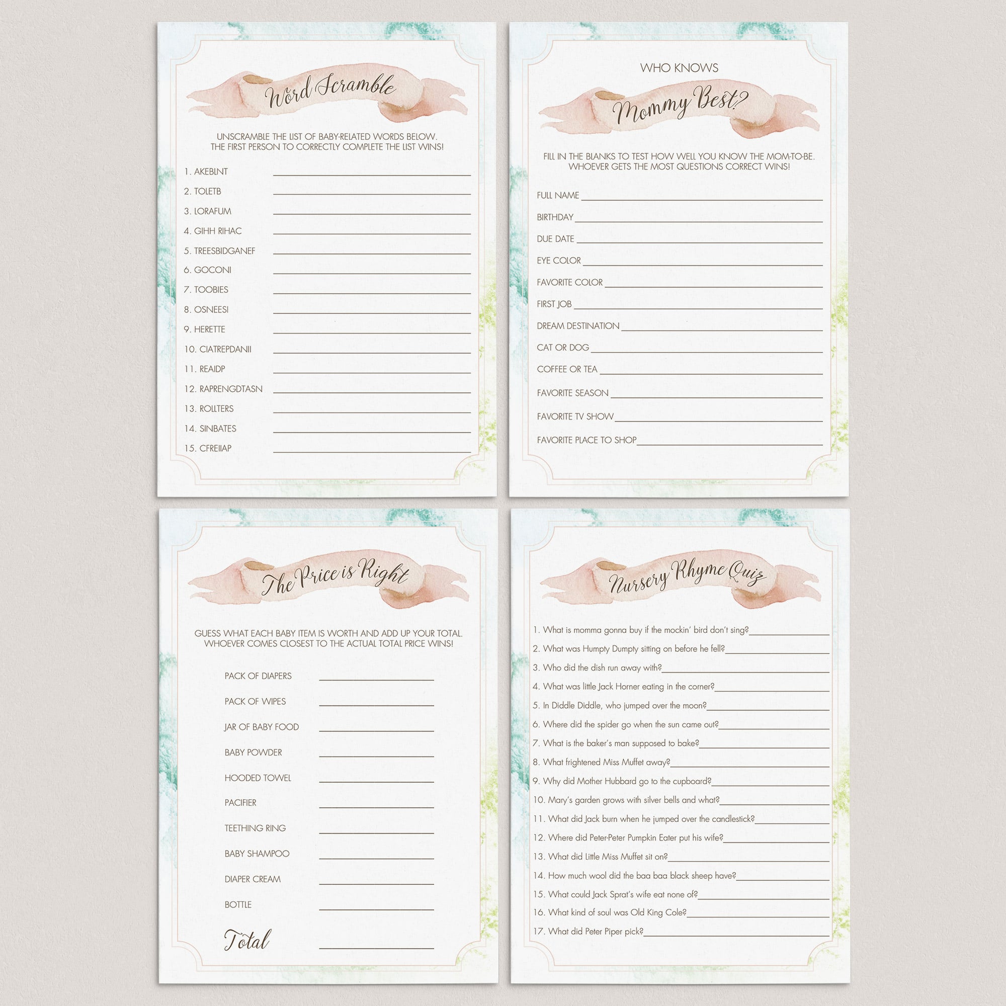 Watercolor Baby Shower Games Package of 4 Printables by LittleSizzle