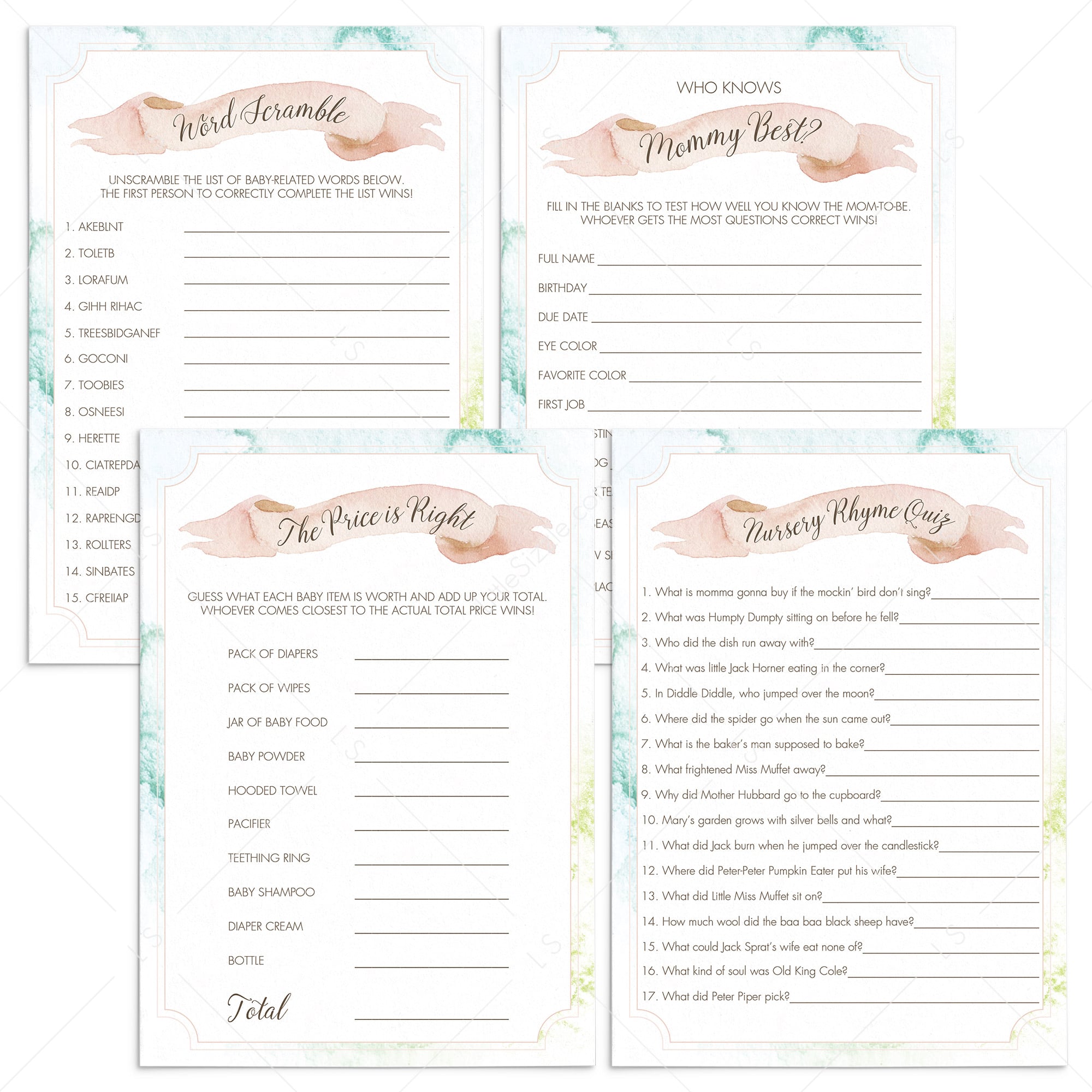 Watercolor Baby Shower Games Package of 4 Printables by LittleSizzle