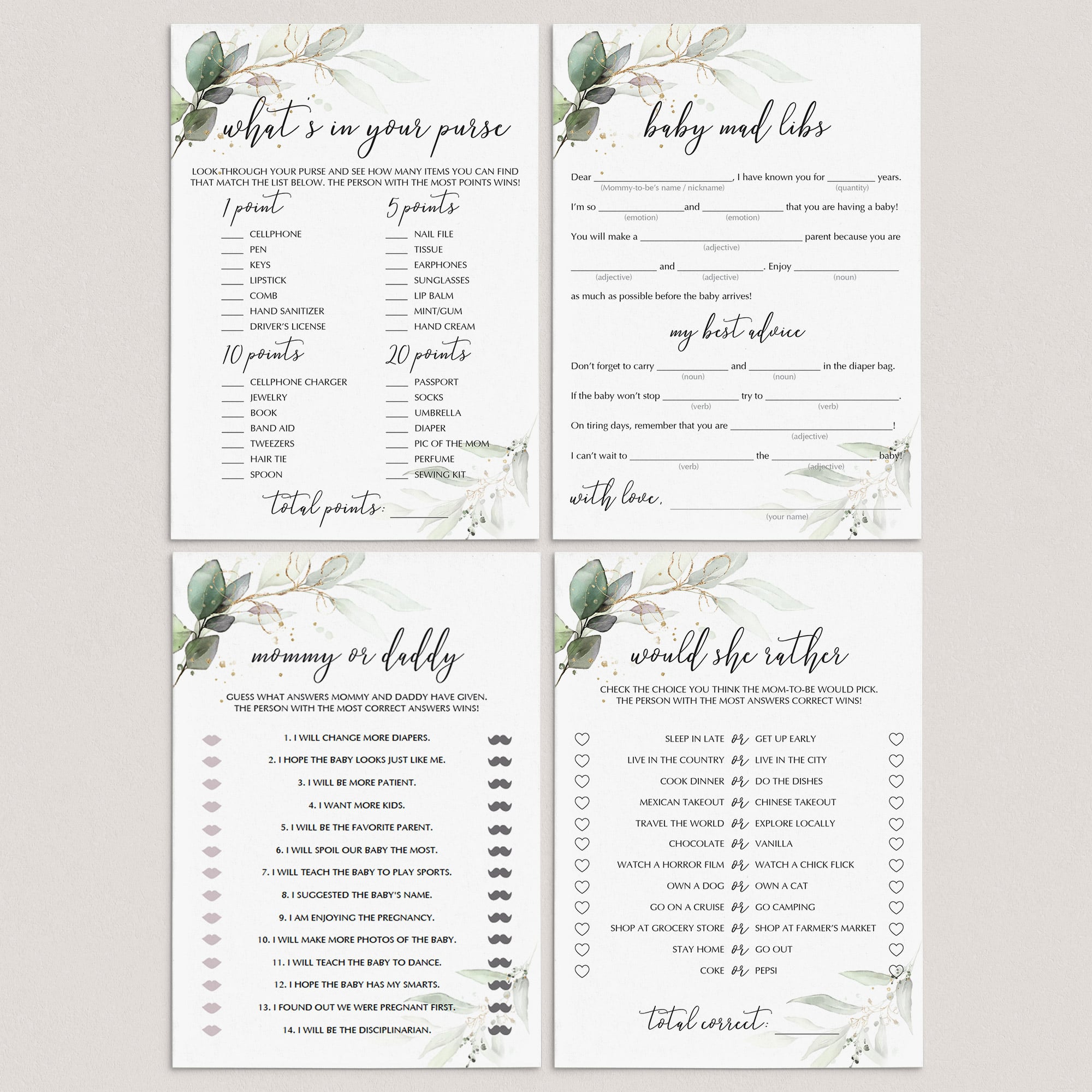Baby Shower Games with Watercolor Greenery and Gold Foil Printable by LittleSizzle