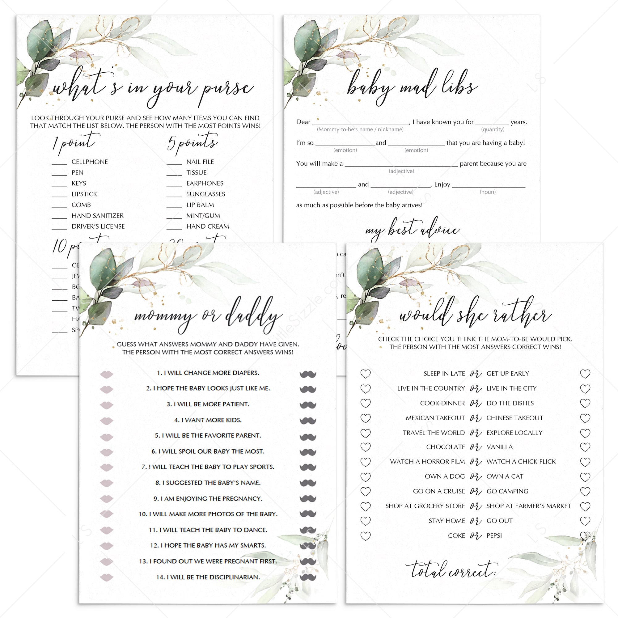 Baby Shower Games with Watercolor Greenery and Gold Foil Printable by LittleSizzle