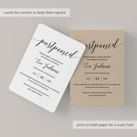 Modern Postponed Announcement Template with Calligraphy Font – LittleSizzle