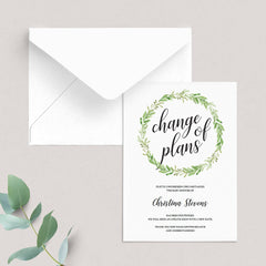 Greenery baby shower change of plans card template by LittleSizzle