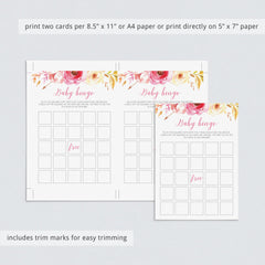Boho Floral Baby Shower Bingo Cards