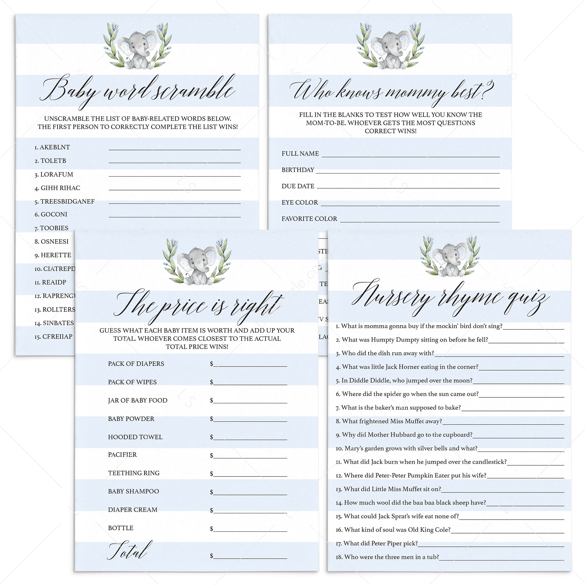 Boy Baby Shower Games for elephant themed baby shower by LittleSizzle