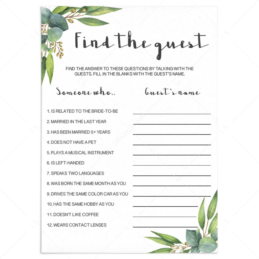Fun Eucalyptus Party Find the Guest Game Editable Instant Download ...