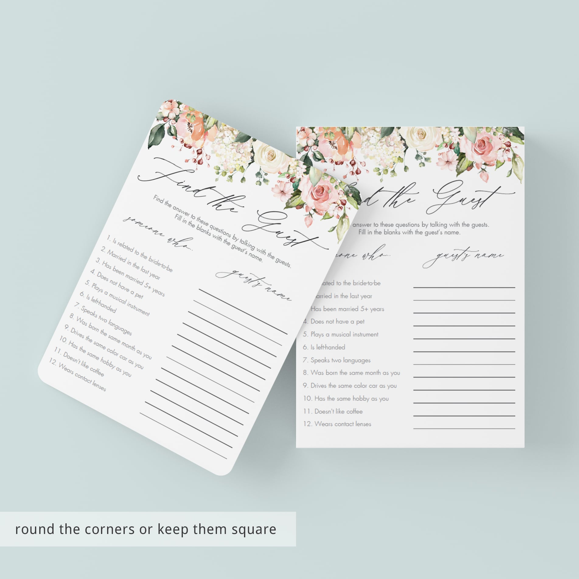 printable floral find the guest bridal shower game cards