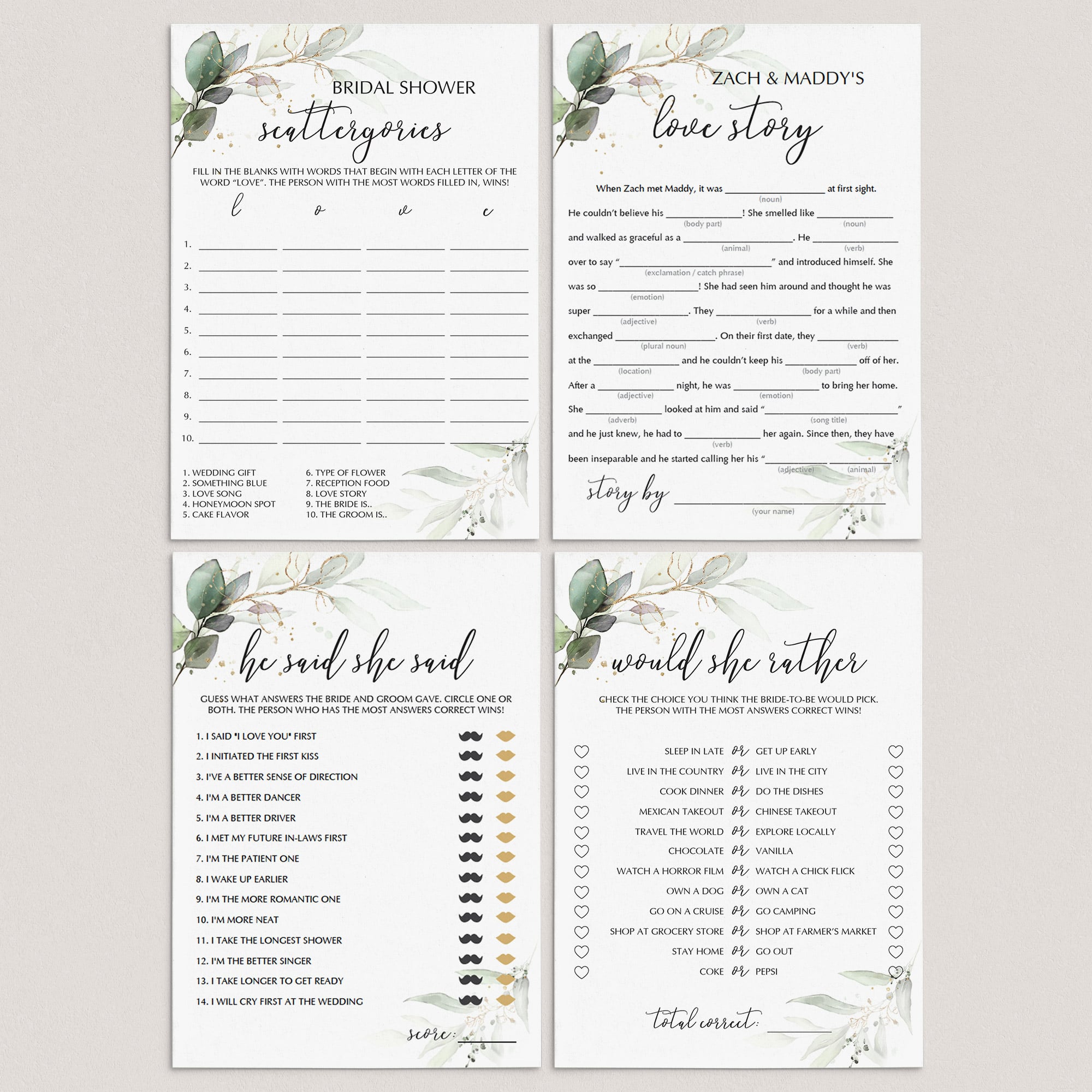 Greenery bridal shower printable games pack by LittleSizzle