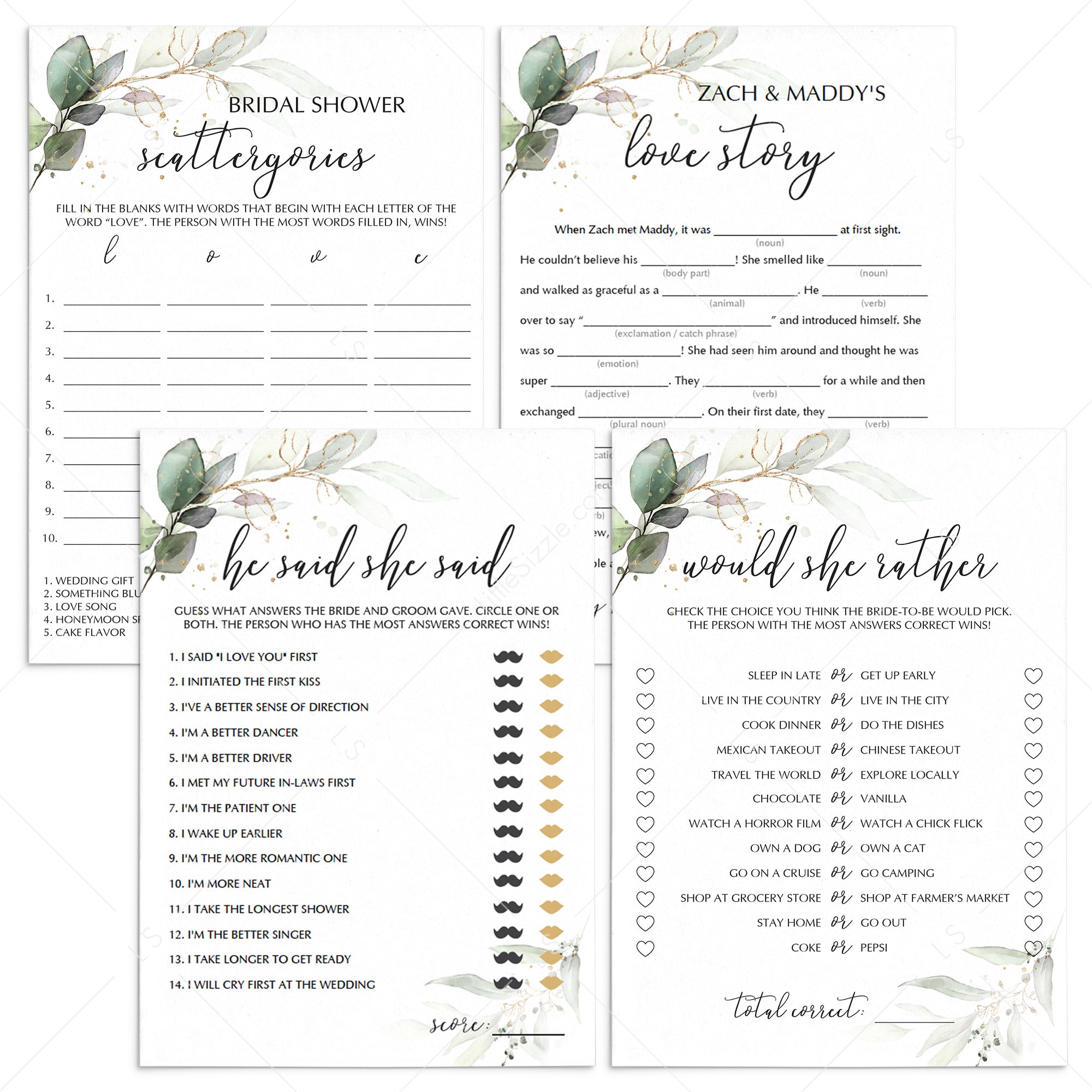 Greenery bridal shower printable games pack by LittleSizzle
