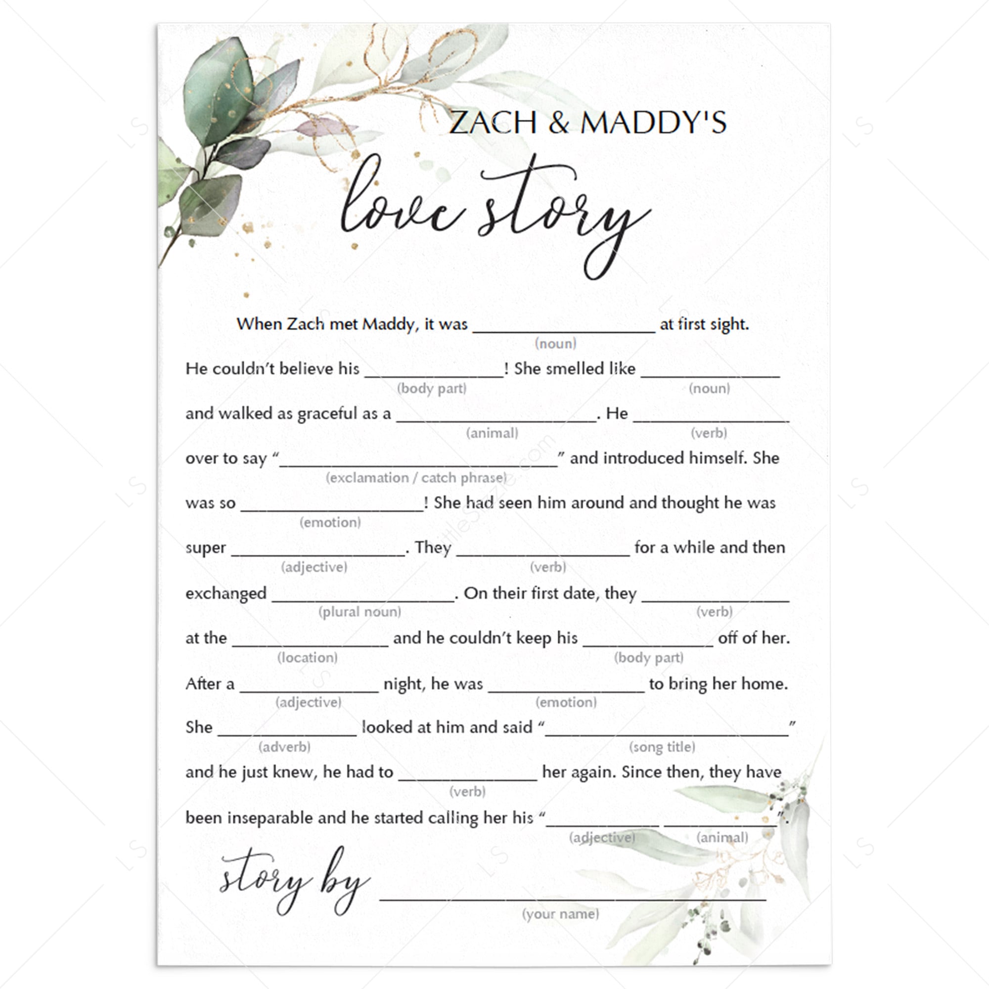 printable green love story mad libs bridal game by LittleSizzle