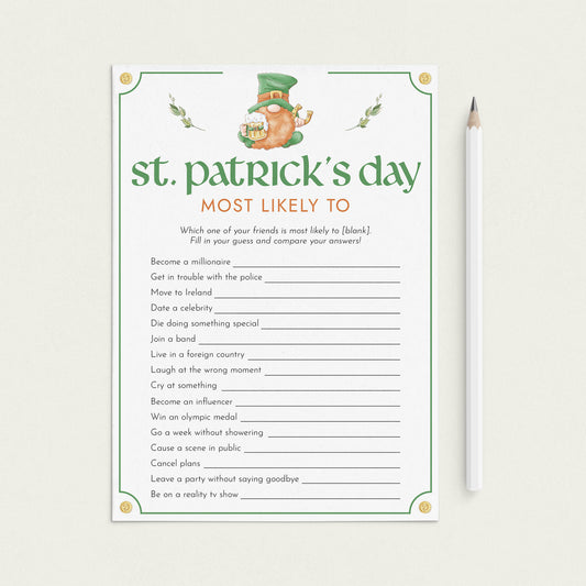 St Patricks Party Game Who Is Most Likely To Printable by LittleSizzle