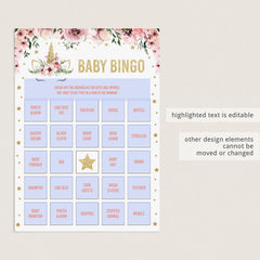 Pink unicorn baby shower blank bingo card instant download by LittleSizzle