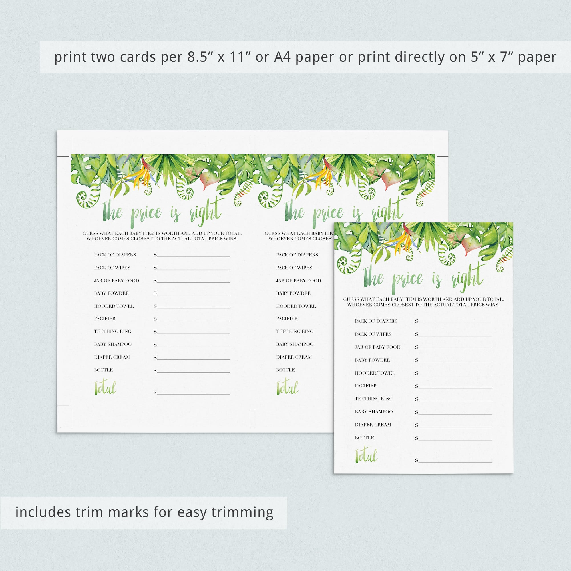 Printable the price is right shower game with watercolor green leaves by LittleSizzle