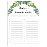 Green Leaves Baby Name Race game for neutral baby shower by LittleSizzle